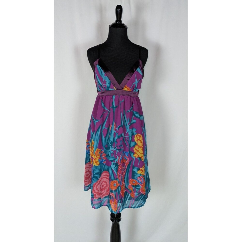 Forever 21 Dress S Women's Purple Floral Vneck Satin Trim Strappy Babydoll Y2K